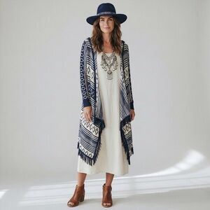 Mia Maddison Boho Fringe stage coach  shawl Navy western Southwest Aztec print